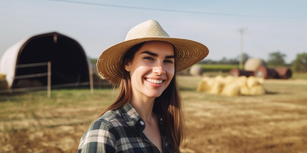 Eine Frau mit Hut lächelt auf einem Bauernhoffeld in die Kamera.