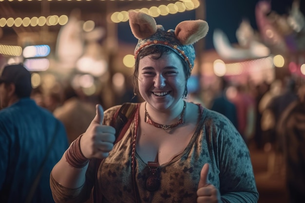 Eine Frau mit Hut mit erhobenem Daumen und einem Schild mit der Aufschrift „Ich bin ein Einhorn“