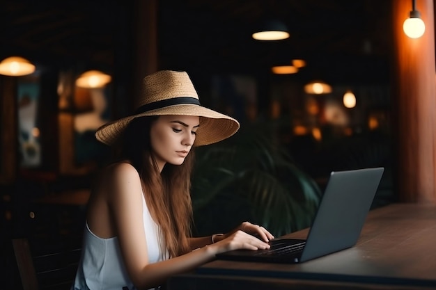 Eine Frau mit Hut sitzt an einem Tisch in einem Café und tippt auf einem Laptop