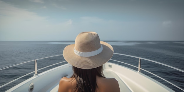 Eine Frau mit Hut sitzt auf einem Boot im Wasser und die Sonne scheint.