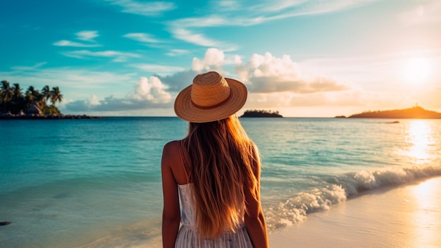 Eine Frau mit Hut steht am Strand und blickt aufs Meer