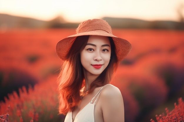 Eine Frau mit Hut steht in einem Blumenfeld.