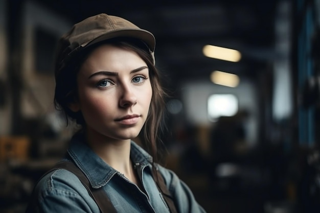 Eine Frau mit Hut steht in einem dunklen Raum mit dunklem Hintergrund.