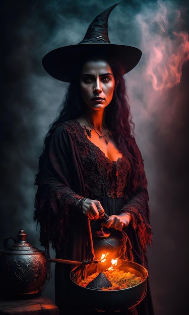 Eine Frau mit Hut und Hexenhut steht vor einem rauchgefüllten Himmel.