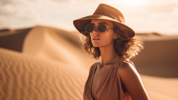 Eine Frau mit Hut und Sonnenbrille steht in der Wüste.