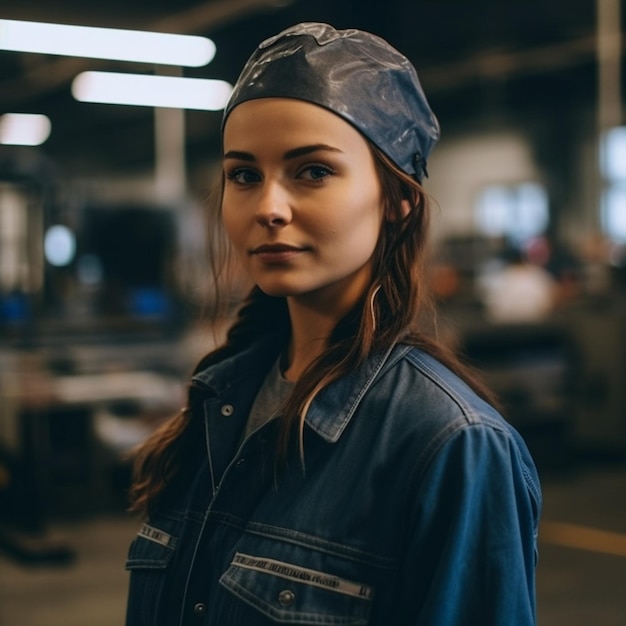 Eine Frau mit Jeansjacke und Kopftuch steht in einer Fabrik.