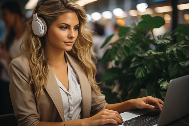 Eine Frau mit Kopfhörern arbeitet während einer Arbeitspause an einem Laptop in einem Café