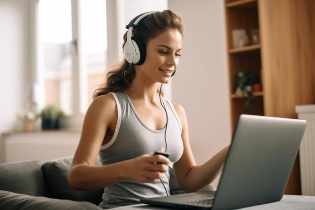 Foto eine frau mit kopfhörern auf dem kopf sitzt mit einem laptop auf einer couch