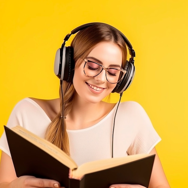 Eine Frau mit Kopfhörern liest ein Buch