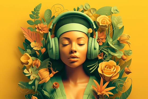 Eine Frau mit Kopfhörern und einem gelben Hintergrund mit Blumen