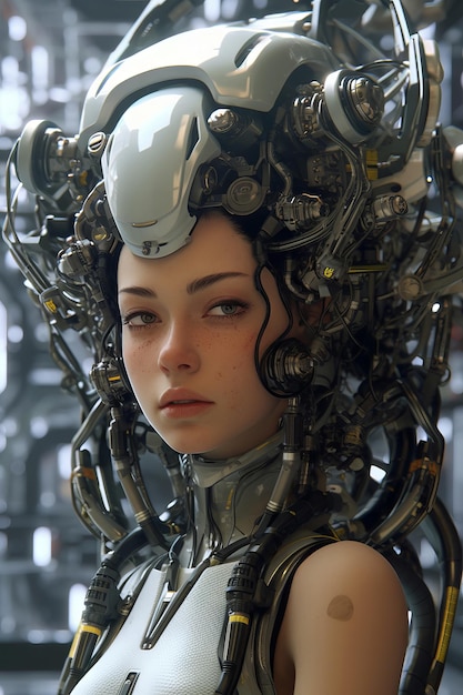 Eine Frau mit Kopfschmuck und einem Kopfschmuck mit dem Wort Roboter darauf
