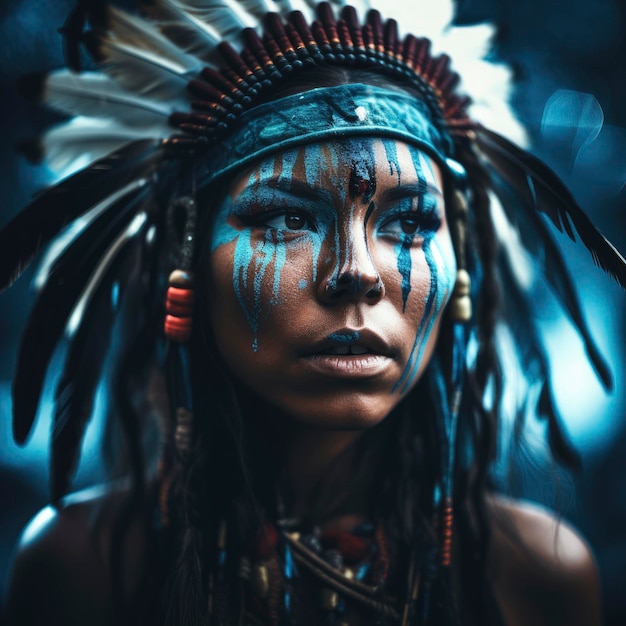 Eine Frau mit Kopfschmuck und Federn, auf denen Indianer steht.