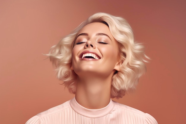 Eine Frau mit kurzen blonden Haaren lächelt und lächelt.