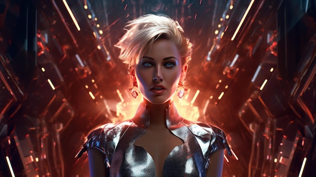 Eine Frau mit kurzen Haaren steht vor einer Leuchtreklame mit der Aufschrift „Das Spiel ist ein digitales Kunstwerk“.