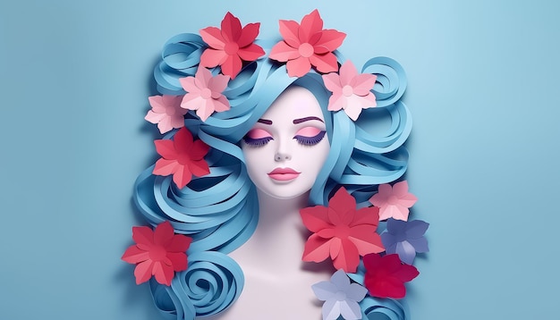 Eine Frau mit langen blauen Haaren ist von rosa und blauen Blumen umgeben