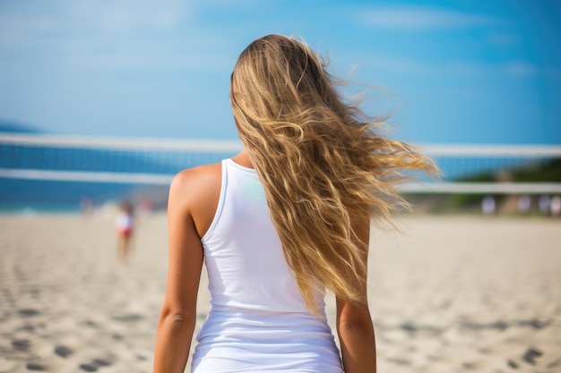 eine Frau mit langen blonden Haaren am Strand