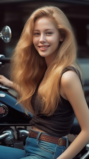 Eine Frau mit langen blonden Haaren sitzt neben einem Roller mit dem Schriftzug Honda darauf.