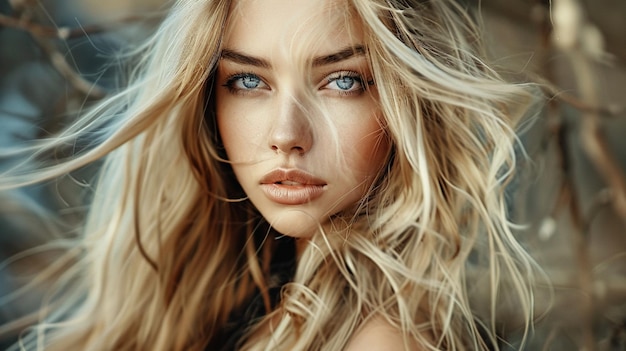 eine Frau mit langen blonden Haaren und blauen Augen
