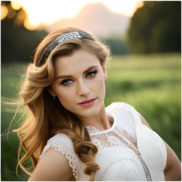 Eine Frau mit langen blonden Haaren und einem silbernen Stirnband steht auf einem Feld.