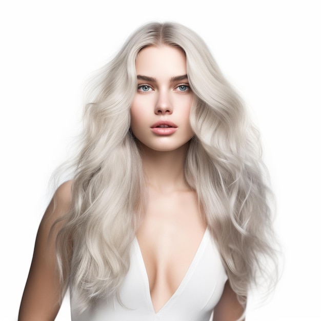 eine Frau mit langen blonden Haaren und einem weißen Kleid mit langen blunden Haaren.