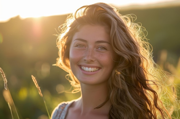 Eine Frau mit langen braunen Haaren lächelt auf einem Feld