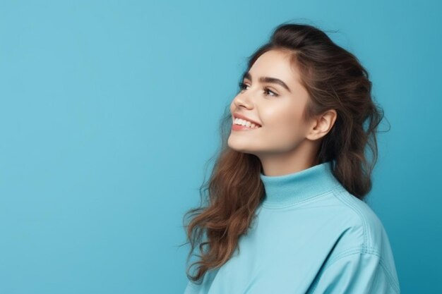 Eine Frau mit langen braunen Haaren und einem blauen Rollkragenpullover steht vor einem blauen Hintergrund.