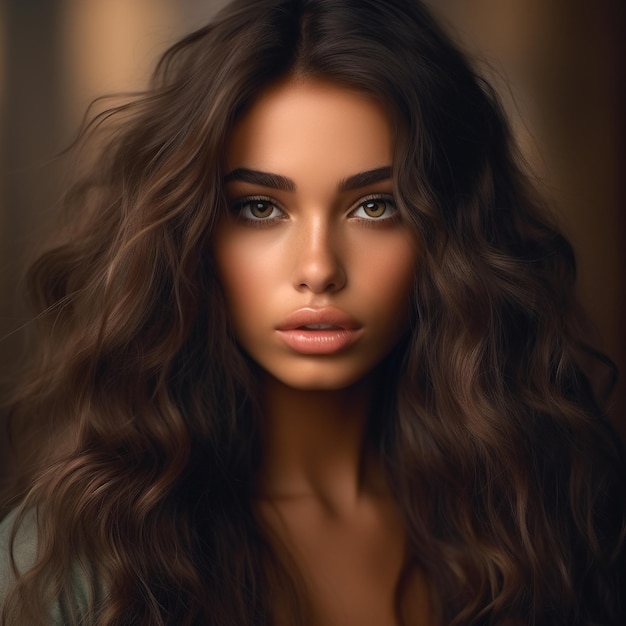 eine Frau mit langen braunen Haaren und einem langen braunen Haar.