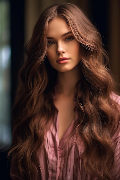 Eine Frau mit langen braunen Haaren und einem rosa Hemd