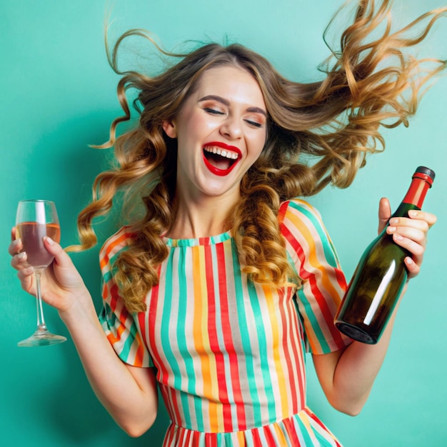eine Frau mit langen Haaren, die eine Flasche Wein hält