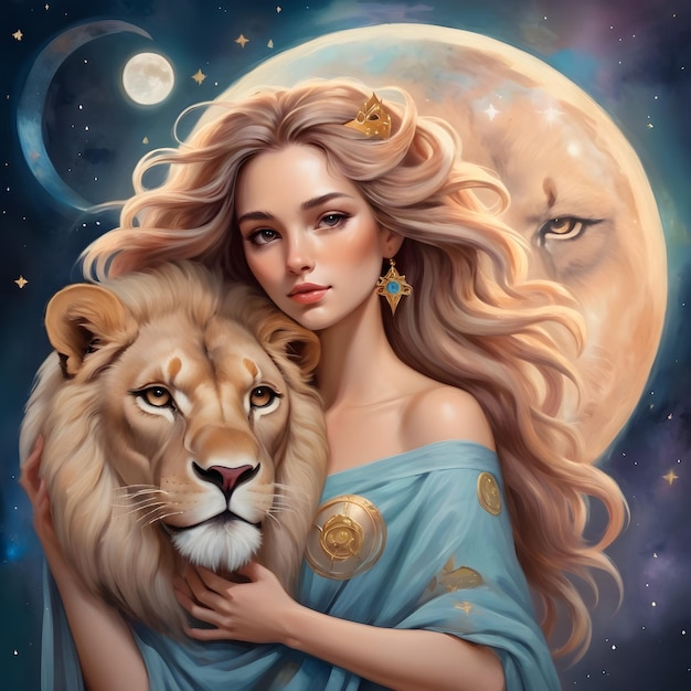 eine Frau mit langen Haaren hält einen Löwen und einen Löwen