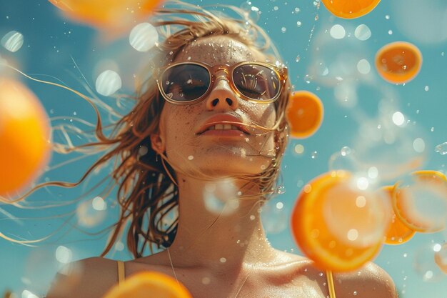 Foto eine frau mit langen haaren ist im pool orange-rutschen ki-generiert