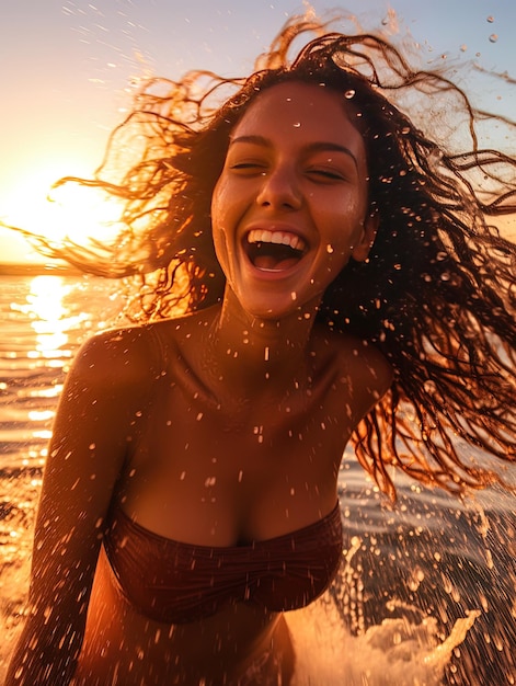 eine Frau mit langen Haaren lacht und lächelt am Strand.