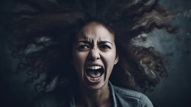 Eine Frau mit langen Haaren schreit mit offenem Mund und offenem Mund.