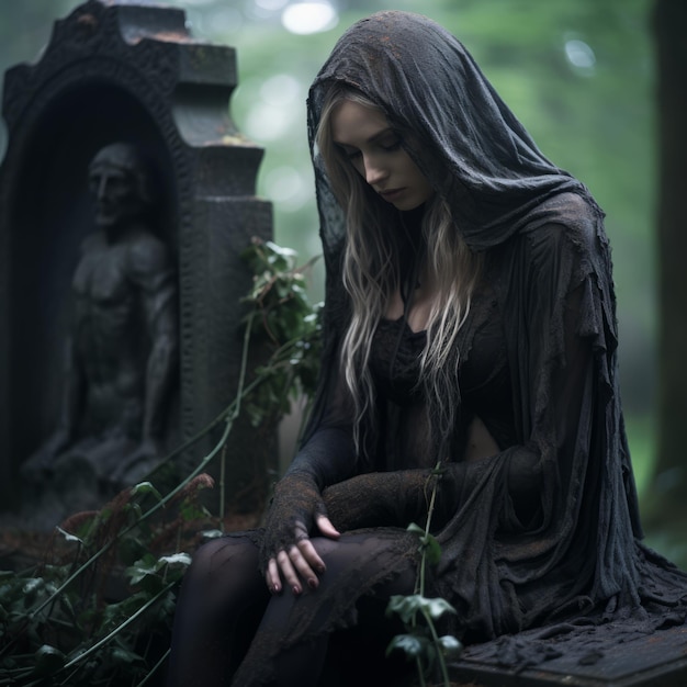 eine Frau mit langen Haaren sitzt auf einem Grabstein