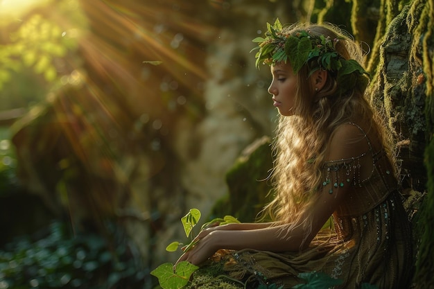 Eine Frau mit langen Haaren sitzt in einem Wald