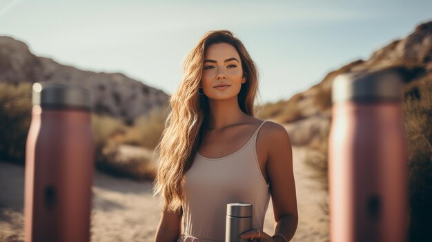 Eine Frau mit langen Haaren steht in der Wüste