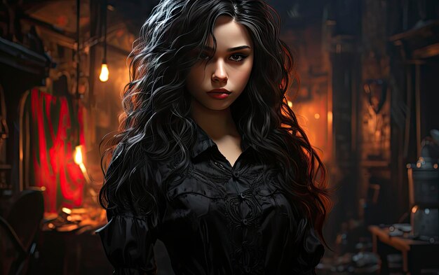 Eine Frau mit langen Haaren steht vor dunklem Hintergrund.