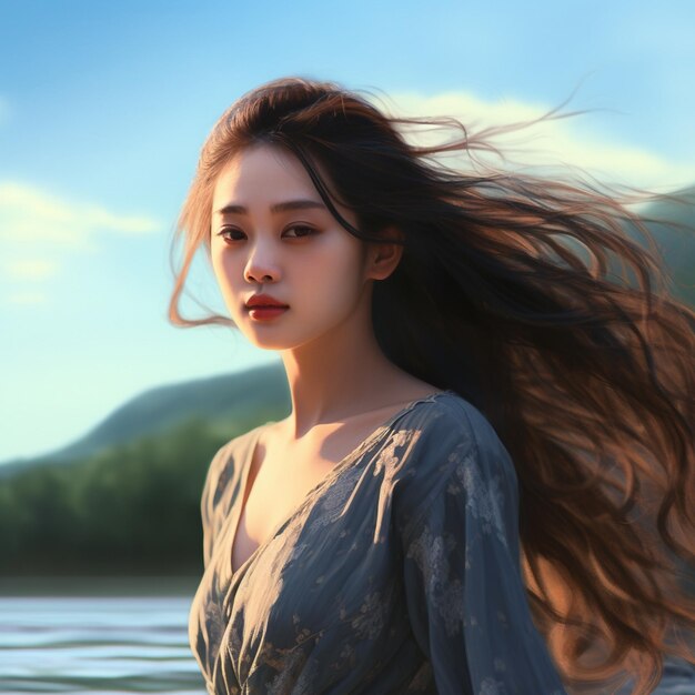 eine Frau mit langen Haaren steht vor einem See.