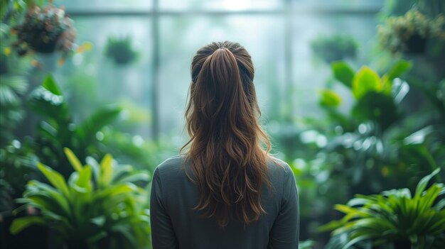 Eine Frau mit langen Haaren steht vor Pflanzen