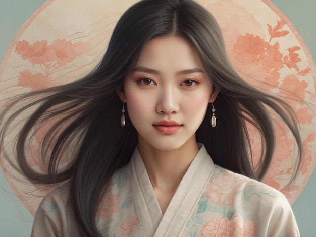 eine Frau mit langen Haaren trägt einen Kimono