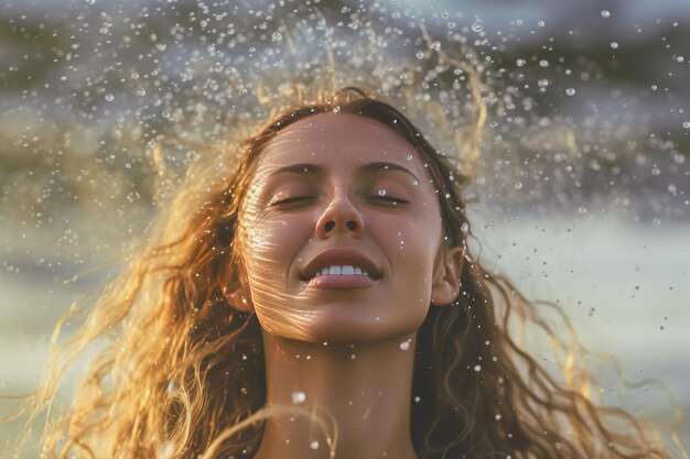 Foto eine frau mit langen haaren und augen ist von wasser umgeben