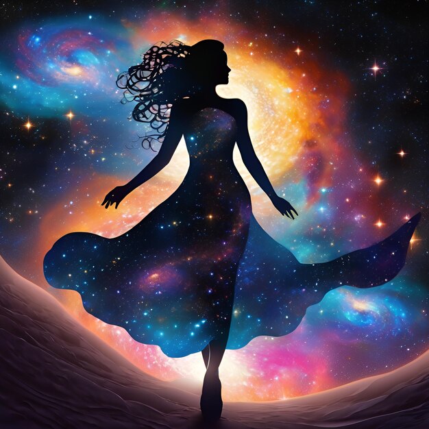 eine Frau mit langen Haaren und einem blauen Kleid steht vor einem Planeten