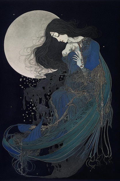 Eine Frau mit langen Haaren und einem langen blauen Kleid sitzt auf dem Boden, im Hintergrund ist der Mond.