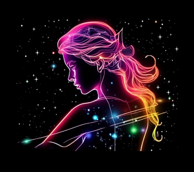 eine Frau mit langen Haaren und einem Neonlicht auf ihrer Schulter, generative KI