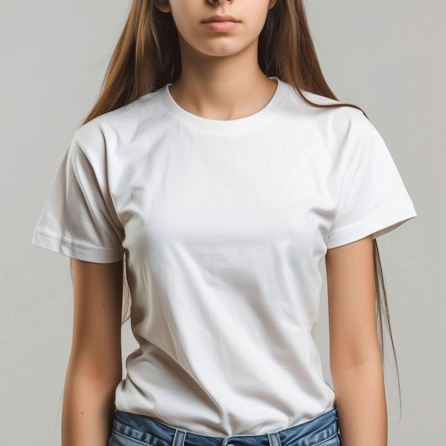 Eine Frau mit langen Haaren und einem weißen T-Shirt