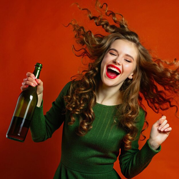 eine Frau mit langen Haaren und einer Flasche Wein vor einem orangefarbenen Hintergrund