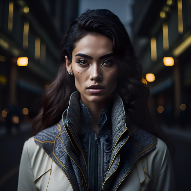 Eine Frau mit langen Haaren und einer Jacke, auf der steht: Ich bin ein Model