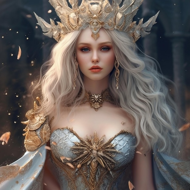 Eine Frau mit langen Haaren und einer Krone trägt eine silberne und goldene Krone