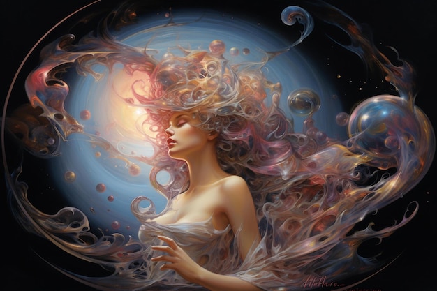 Eine Frau mit langen Haaren und langen Haaren ist von den Elementen des Universums umgeben.