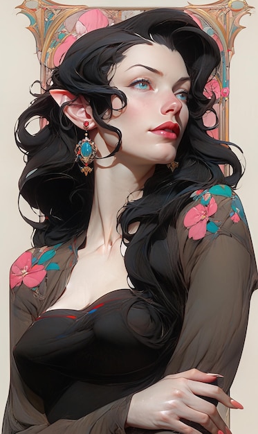 Eine Frau mit langen Haaren und langen schwarzen Haaren mit langen Ohren und einem Blumenmuster am Hals